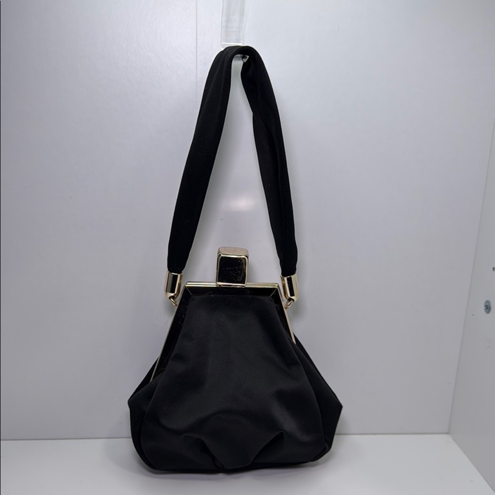 Vintage-Inspired Black Satin Evening Bag with Gold Frame & Purple Lining